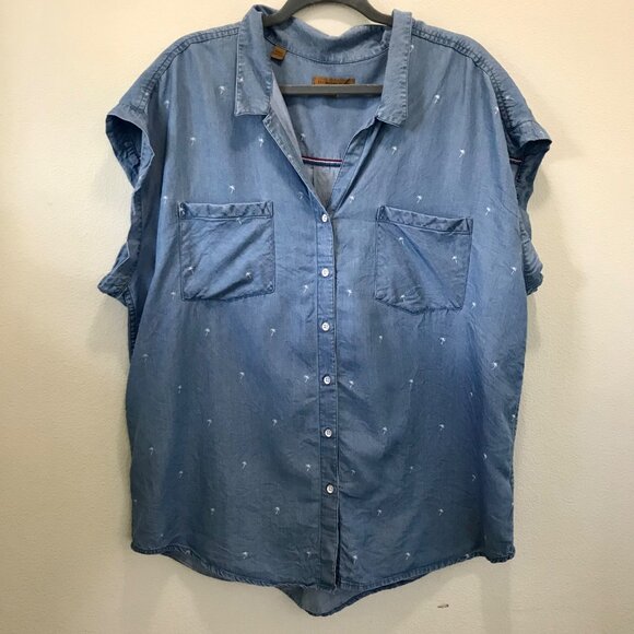 Jach's Girlfriend Women's Chambray Palm Tree Print Cap Sleeve Button-Up Size 2XL - Picture 3 of 10
